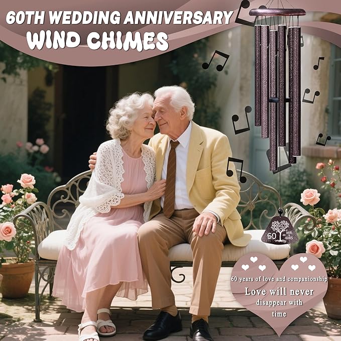 60th Wedding Anniversary Wind Chimes Gifts, Happy 60th Anniversary Decorations Gift for Parents Couple Husband Wife, Romantic 60 Year Anniversary's Keepsake Ideas Wind Chimes for Outside 32"
