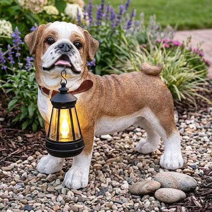Pug Dog Garden Statue with Solar Lantern Light, Outdoor Bulldog Sculpture with Welcome & On Patrol Sign, Resin Animal Figurine for Patio Yard Lawn Porch Decor, Dog Lover Gifts