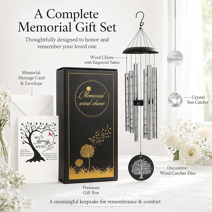 Memorial Wind Chimes with Suncatcher, Sympathy Gifts Wind Chime for Loss of Loved One, 40" Sympathy Wind Chime with 6 Anodized Aluminum Tubes Tuned for A Soothing Melody