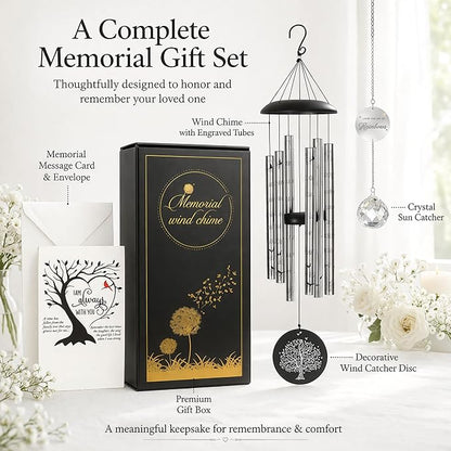 Memorial Wind Chimes with Suncatcher, Sympathy Gifts Wind Chime for Loss of Loved One, 40" Sympathy Wind Chime with 6 Anodized Aluminum Tubes Tuned for A Soothing Melody