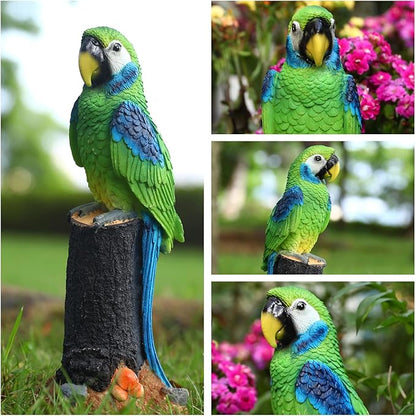 Macaw Parrot Garden Statue, 10.6" Hand-Painted Tropical Bird Figurine, Decorative Art Deco Accent for Patio and Home, Lifelike Design (Green)