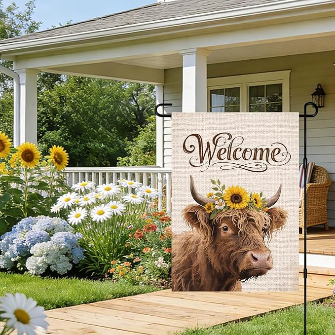 IVN Highland Cow Garden Flag 12x18 Inch – Welcome Burlap Flag with Sunflower Crown, Double Sided Outdoor Yard Flag for Porch Lawn Patio Decor