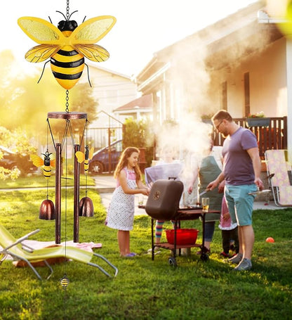 CoTa Global Bee Wind Chime - Handmade Metal and Glass Hanging Decor, Yellow and Black Garden Ornament with Copper Tubes, Indoor Outdoor Porch Patio Yard Decoration - 33 Inches
