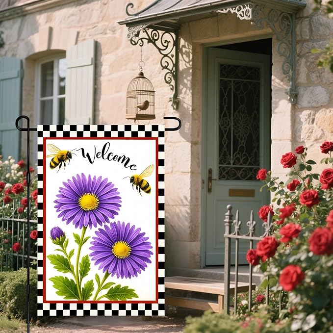 IVN Welcome Garden Flag 12x18 Inch Double Sided Spring Garden Yard Flags Bee Purple Daisy Decorative Small Flags for Outdoor Seasonal Front Door Lawn Porch Patio Decor Yard Flag