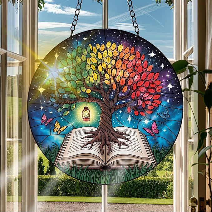 VAIIEYO Tree Sun Catcher Stained Glass Window Hanging Ornament, Handmade Sun Catcher Plant Decoration with Hooks for Window Garden Home, Mother's Day & Birthday Housewarming Gift (7.8 inch)