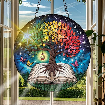VAIIEYO Tree Sun Catcher Stained Glass Window Hanging Ornament, Handmade Sun Catcher Plant Decoration with Hooks for Window Garden Home, Mother's Day & Birthday Housewarming Gift (7.8 inch)