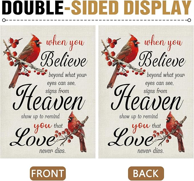 Dyrenson Memorial Cardinal Decorative Garden Flag, When You Believe Beyond What Your Eyes Can See Cemetery Yard Outside Home Decoration, Red Berry Burlap Outdoor Small Decor Double Sided 12 x 18
