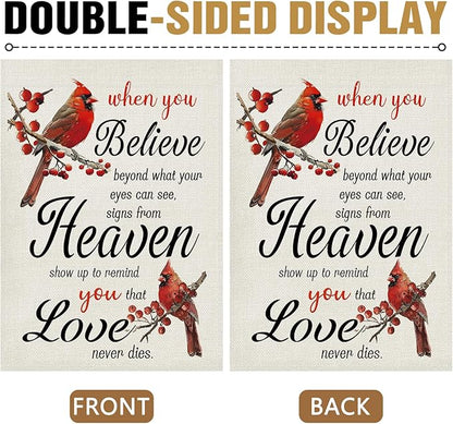 Dyrenson Memorial Cardinal Decorative Garden Flag, When You Believe Beyond What Your Eyes Can See Cemetery Yard Outside Home Decoration, Red Berry Burlap Outdoor Small Decor Double Sided 12 x 18
