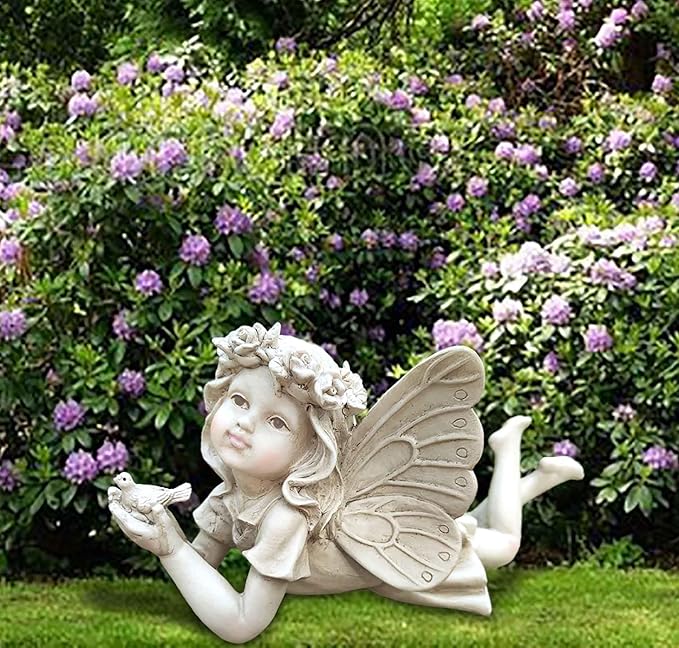 Fairy Garden Decor - Angel Holding a Bird Garden Statues for Outside, Resin Fairies for Fairy Garden, Cute Yard Ornaments Outdoors, Ideal Gifts for Mom and Grandma, 11” Width