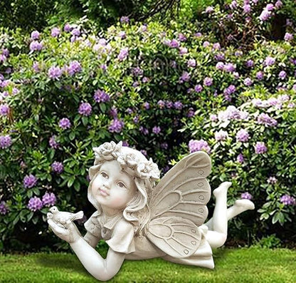 Fairy Garden Decor - Angel Holding a Bird Garden Statues for Outside, Resin Fairies for Fairy Garden, Cute Yard Ornaments Outdoors, Ideal Gifts for Mom and Grandma, 11” Width