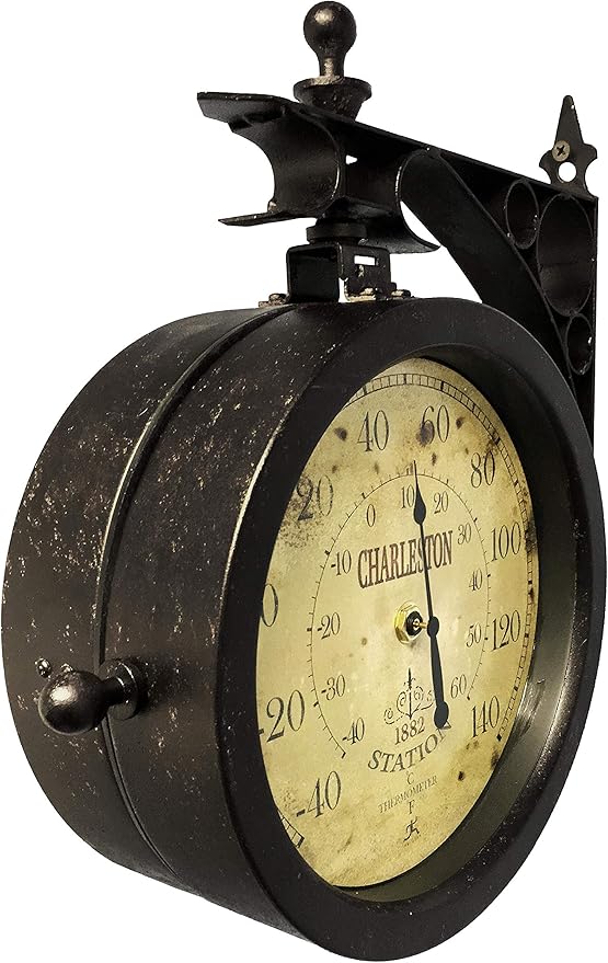 Infinity Instruments Charelston Metal Outdoor Clock, Waterproof Double Sided Train Station Clock & Thermometer
