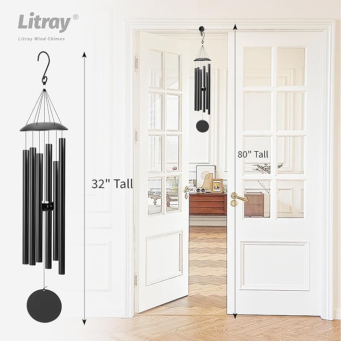 Wind Chimes for Outside with Classic Sound, Coolest Aluminium Metal Windchimes Outdoors with Pine Wood Striker, Unique Gift for Mom, Garden Decoration(32" Black Thick)