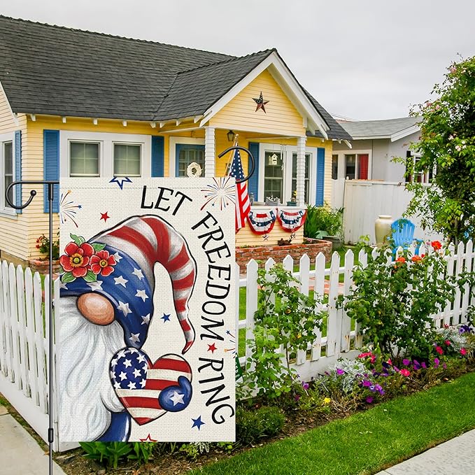 Heyfibro Let Freedom Ring Gnome Patriotic Garden Flag 12x18 Double Sided Burlap, 4th Of July Fireworks Red Flower Heart Pattern Yard Flags for Rustic Independence Day Outdoor Decor (ONLY FLAG)