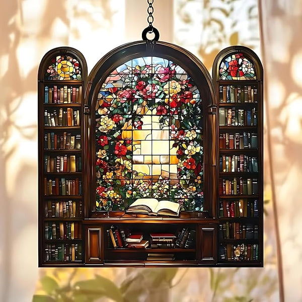 Flower Library Bookish Acrylic Suncatcher Stained Glass Effect Window Car Hanging Christmas Ornament Indoor Outdoor Decor Garden Bookworm Sun Catcher Book Lover for Women Mom Grandma