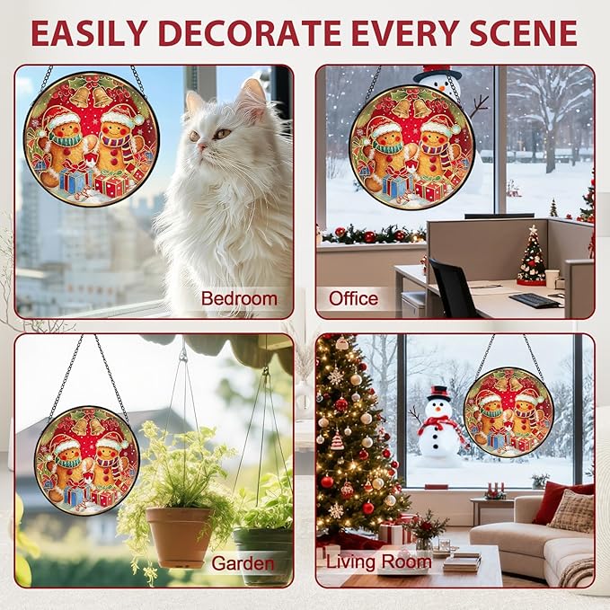 Christmas Decorations Stained Glass Window Hanging, Gingerbread Candy Cane Christmas Suncatcher for Window Hanging, Suncatchers Indoor Windows Wall Art for Mom Grandma, for Home Office 7.87 inches