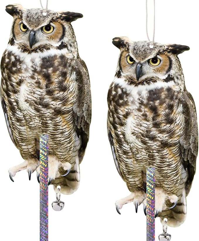 2PCS Fake Owl Plastic Owl to Scare Pigeon for Outdoor Garden Hanging Flat Garden Owls with Reflective Tape to Keep Pigeon Away from Balcony Window Outside Patio Yard Backyard Front Porch