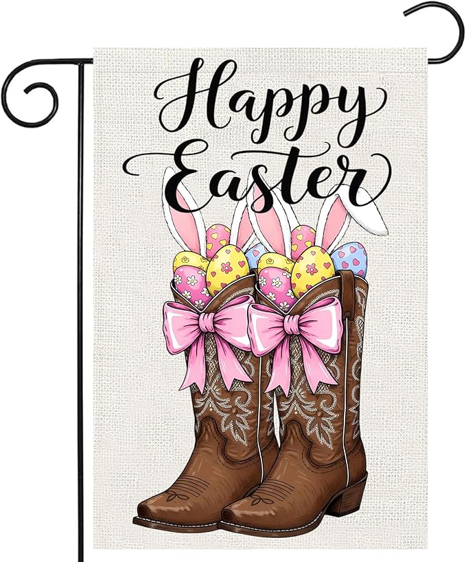 Happy Easter Garden Flags 12x18 Inch Vertical Double Sided Outside, Easter Eggs Bunny Boots Spring Yard Flag Decor, Holiday Outdoor Decorations for Home