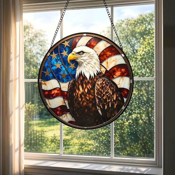 Eagle Stained Glass Suncather for Window Hanging, 6.3'' American Bald Eagle Ornament Gift for Men, Patriotic Wall Art Home Decor Gift for Father's Day Independence Day (Brown, 6.3'')