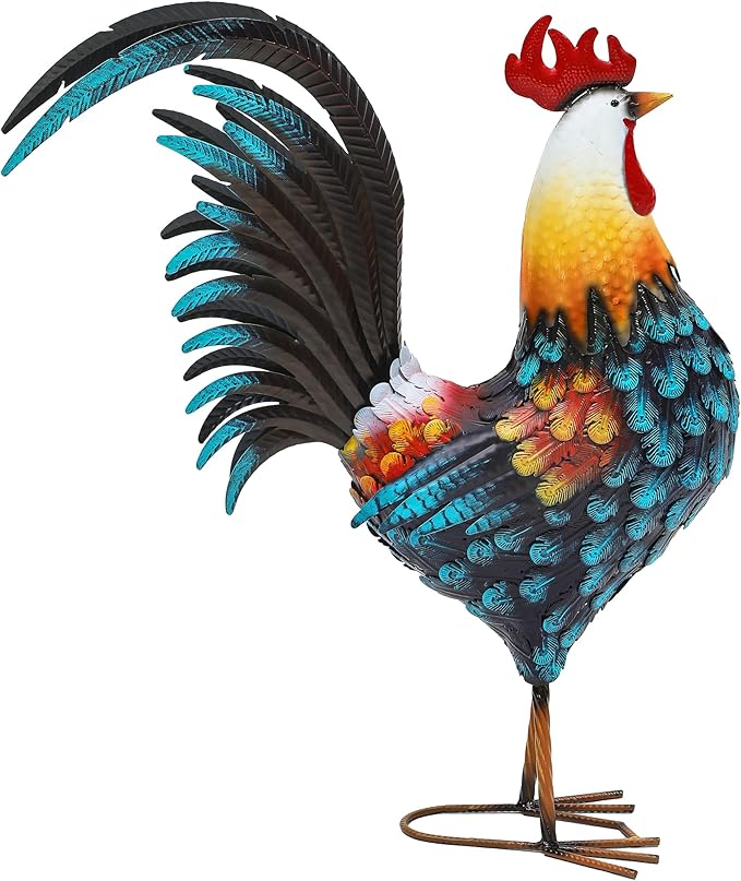 32" Large Metal Rooster Yard Decor, Outdoor Garden Statues, Metal Chicken Sculpture for Backyard Patio Kitchen Living Room Decor