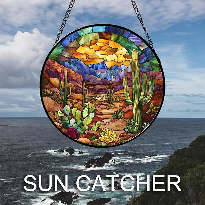 Stained Glass Window Hanging Cactus Mountains Landscape 7.8" - Suncatcher Door Garden Sunroom Sun Catcher Home Decor Birthday Christmas for Mom Men Woman Nana