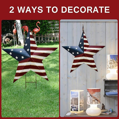 Metal Star Barn Yard Sign Garden Stake Decor for 4th of July, American Flag Patriotic Star Yard Stake Lawn Ornament Independence Day Memorial Day Outdoor Decorations (2, 27.5"H A)