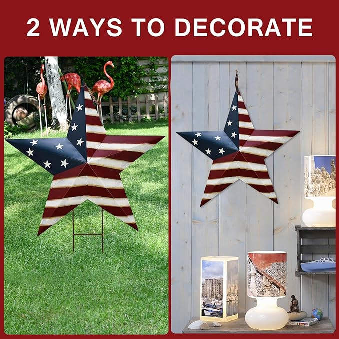 Metal Star Barn Yard Sign Garden Stake Decor for 4th of July, American Flag Patriotic Star Yard Stake Lawn Ornament Independence Day Memorial Day Outdoor Decorations (1, 27.5"H A)