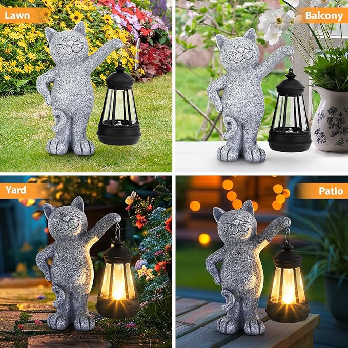 Solar Garden Cat Statue with LED Lights, Outdoor Cat Figurine for Cat Lovers, Yard Lawn Patio Home Decor, Mother’s Day Birthday Gifts for Women Mom Grandma