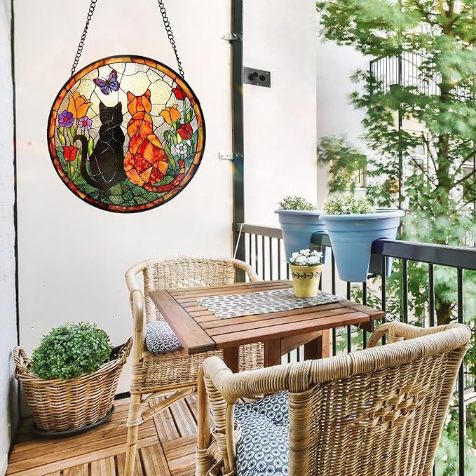 7.8 Inch Stained Glass Window Hanging Cats Flowers Butterfly Sun Catcher Indoor Window Door Wall Yard Home Decor Colorful Glass Panel Suncatcher Gifts for Women Men Mom Grandma