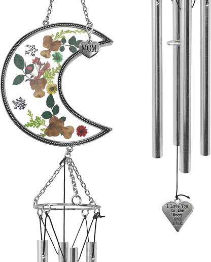 Mom Wind Chimes with Pressed Flowers - Colorful Floral Hanging Chime for Mom - Mother’s Day, Birthday for Mother - Decorative 20 Inch Outdoor or Indoor Mom Gift