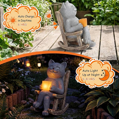 Lyeasw Cat Solar Garden Statues - Outdoor Decor for Patio, Lawn, Yard, Porch- Miniature Cute Cat Outdoor Figurine with LED Lights - Housewarming Birthday for Women, Mom, Cat Lovers