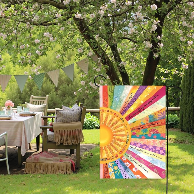 Summer Sun Garden Flag Colorful Boho Sunshine Yard Flags Inspirational Artistic Outdoor Decor for Front Yard Lawn Patio Porch Bright Floral Seasonal House Banner Double Sided 12x18 Inch