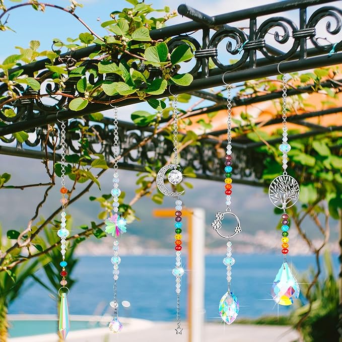 7 Pieces Sun Catcher Crystals Colorful Hanging Prism Suncatcher Window Ornament Beads Chain Sphere Chandelier Pendants for Home Wedding Gifts Decoration (Fresh)