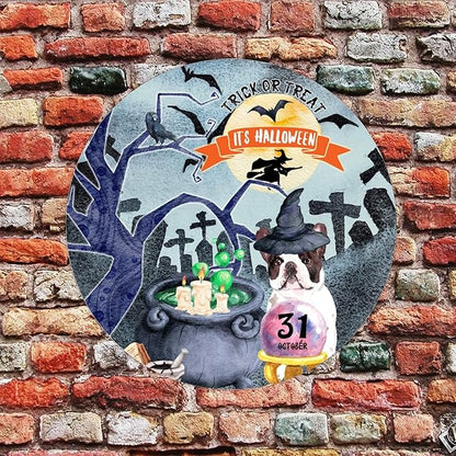 Retro Metal Sign 12"x12",Happy Halloween Scary Night Grave Witch Bats Trick Or Treat Dog Aluminum Tin Metal Sign for Home Living Room Bedroom Garden Farm Patio Decor Wall Art Poster