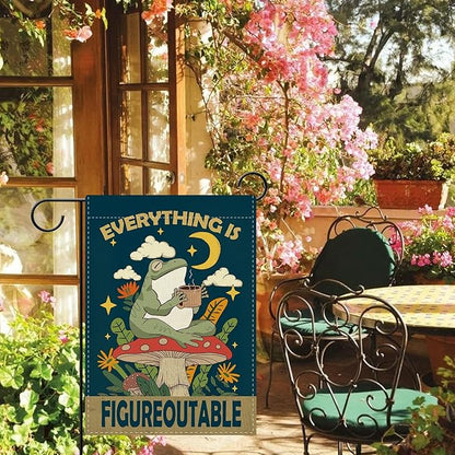 Dyrenson Inspirational Frog Everything is Figureoutable Decorative Garden Flag, Motivational Mushroom Yard Outside Home Decoration, Funny Positive Farmhouse Outdoor Small Decor Double Sided 12 x 18