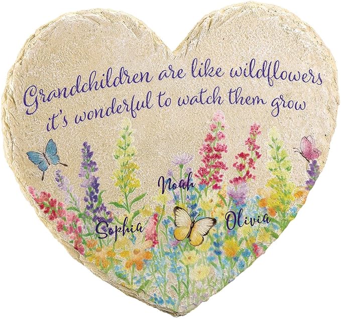 Fox Valley Traders Custom Grandchildren Wildflowers Garden Stone, 100% Resin, Outdoor Décor - Measures 10" x 9 1/2", 3 Names