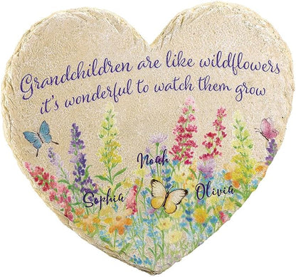 Fox Valley Traders Custom Grandchildren Wildflowers Garden Stone, 100% Resin, Outdoor Décor - Measures 10" x 9 1/2", 3 Names
