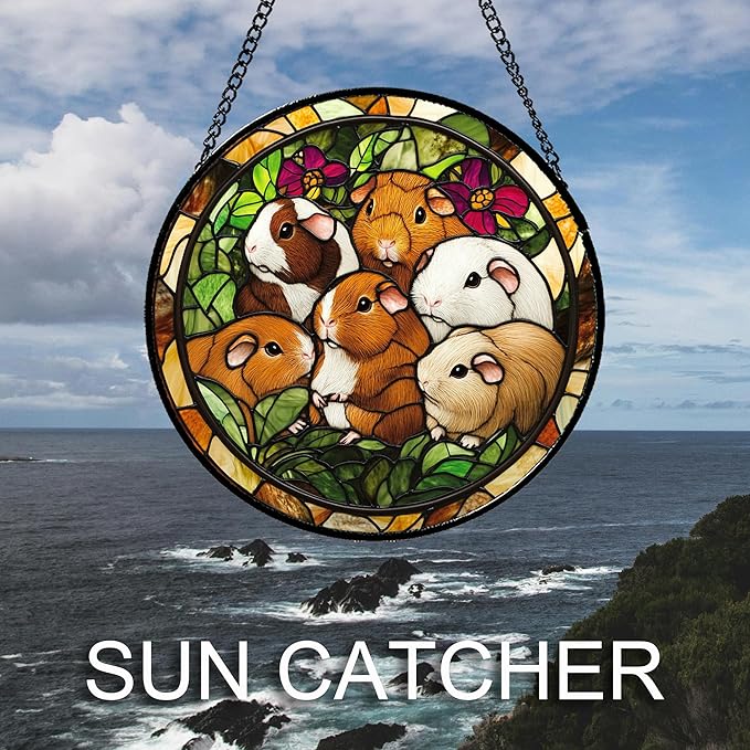 Stained Glass Window Hanging 6 Cute White Brown Guinea Pigs Large 15" - Suncatcher Door Garden Sunroom Sun Catcher Decor Birthday Christmas for Mom Men Woman Nana Friend