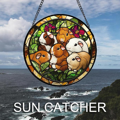 Stained Glass Window Hanging 6 Cute White Brown Guinea Pigs 6.3" - Suncatcher Door Garden Sunroom Sun Catcher Decor Birthday Christmas for Mom Men Woman Nana Friend
