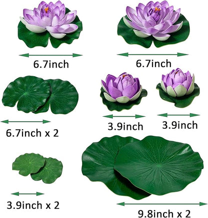 Fake Lily Pads, 10 PCS Artificial Lotus with Water Lily Pad, Realistic Water Floating Foam Lotuses Pads, Purple Artificial Floating Lotus Decor with Pad for Home Outdoor Ponds