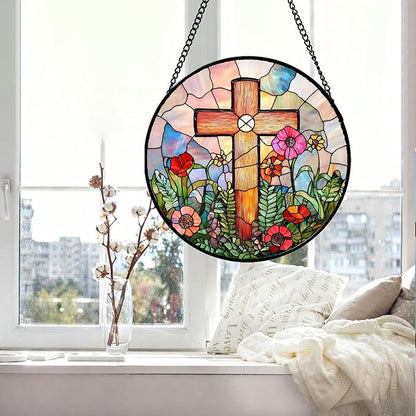 DASTOLL Christian Gifts for Women - Cross Stained Glass Window Hanging Easter Colorful Wildflowers Sun Catcher Garden Religion Decor Mother's Day Catholic Gift for Men Grandma Mom Nana Her 9.8"