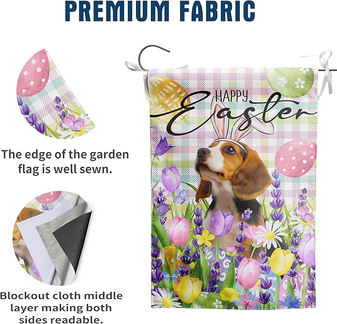 Happy Easter Dog Garden Flag Beagle Spring Flags Buffalo Plaid Bunny Eggs Yard Flag for Outside 12x18 Double Sided Small Decorative Floral Outdoor Flag