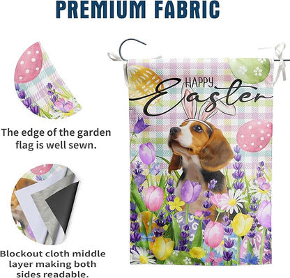 Happy Easter Dog Garden Flag Beagle Spring Flags Buffalo Plaid Bunny Eggs Yard Flag for Outside 12x18 Double Sided Small Decorative Floral Outdoor Flag
