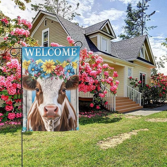 Floral Cow Garden Flags 12×18 Inch Welcome Double Sided Decorative Yard Banner Seasonal Flag for Outdoor Outside Decor