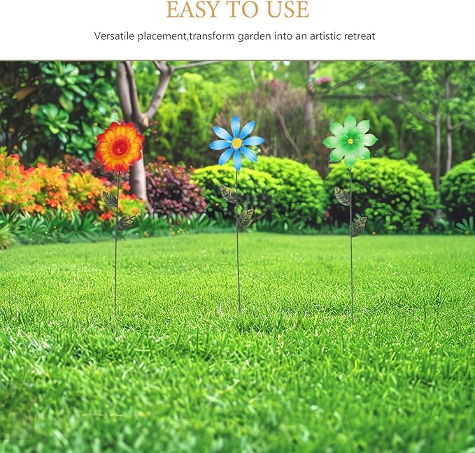 iplusmile 7pcs Metal Flowers Garden Stakes, 15 Inch Colorful Decorative Outdoor Yard Art, Rust-Proof Iron Floral Plant Sticks for Lawn Patio Pathway Spring Decor, Multi-Color