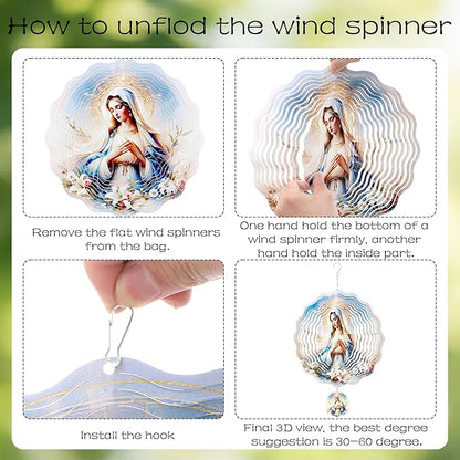 Metal Wind Spinners Outdoor - Virgin Mary 3D Wind Spinner 12 Inch Stainless Steel Ornaments Kinetic Spinning Hanging Decor for Patio Lawn Garden Yard Birthday Gifts for Women Mom Grandma