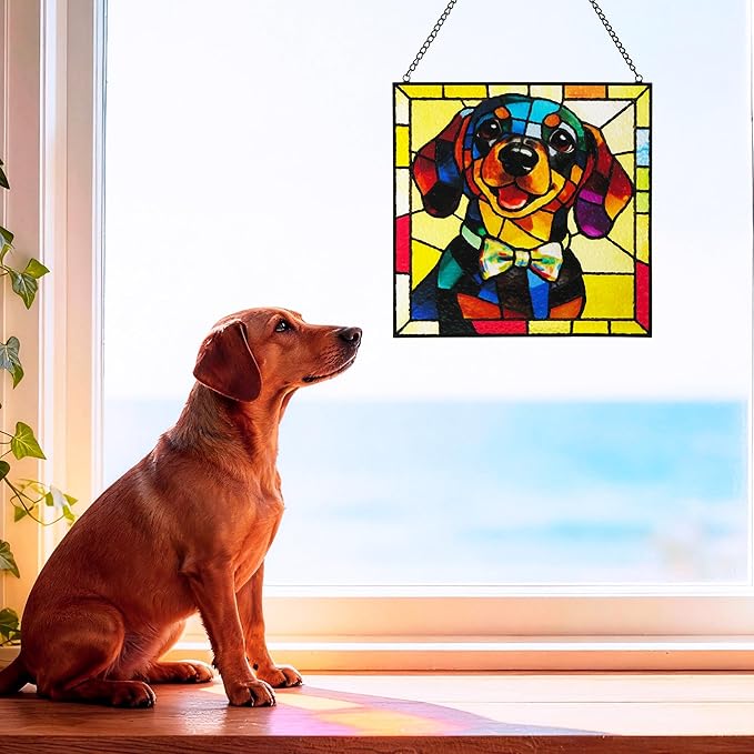 Hanging Stained Glass Dog Suncatcher for Window, Sun Catchers for Outdoor Decoration, Dachshund Garden Decor, Gifts for Women, Lovers, Couple, Friend, Bestie