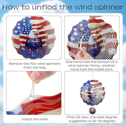 American Eagle Wind Spinner - 3D Stainless Steel Wind Spinners Outdoor Flag Pattern Kinetic Art Spinning Decor 12 Inch 250 Anniversary Hanging Ornaments for Patio Lawn Garden Yard Balcony