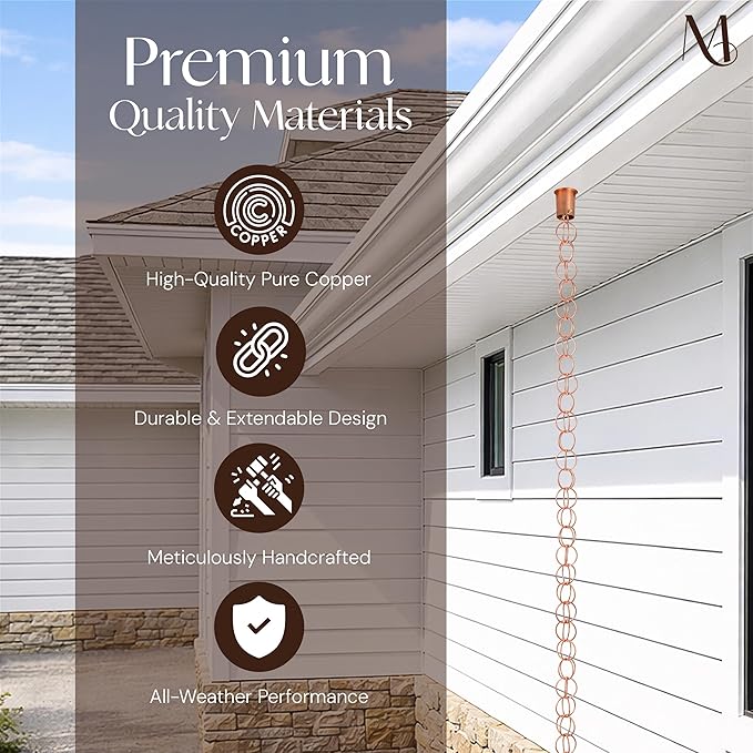 Monarch Rain Chains Pure Copper Ring Rain Chains for Gutters – 8.5 ft Decorative Rainchain Outdoor Durable Heavy Duty Gutter Chain Downspout Replacement, Modern Rainchains for Outside