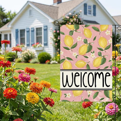 AVOIN colorlife Summer Lemon Garden Flag 12x18 Inch Double Sided Outside, Pink Welcome Seasonal Yard Outdoor Flag