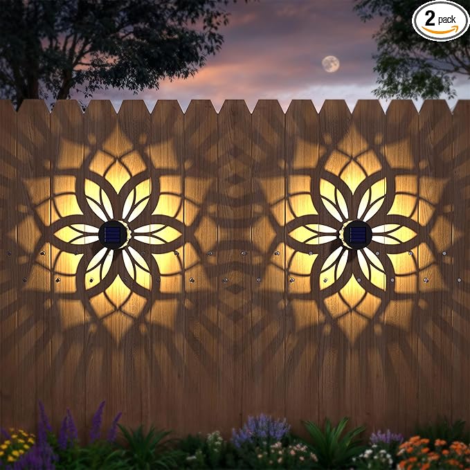 4 Pack Solar Fence Lights Metal Solar Powered Outdoor Wall Deck Step Lights Mandala Theme Waterproof Fence Light for Garden Post Patio Backyard Yard Decor, Gardening Gifts for Women Mom Grandma